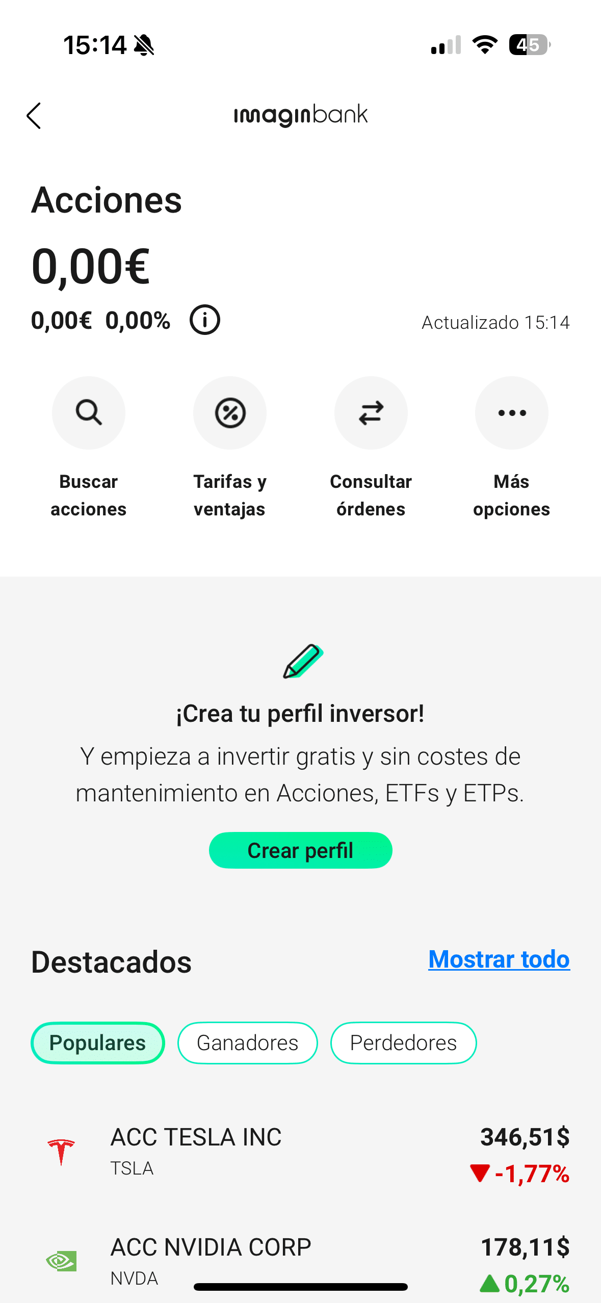 Pantalla de acciones en el broker de imagin