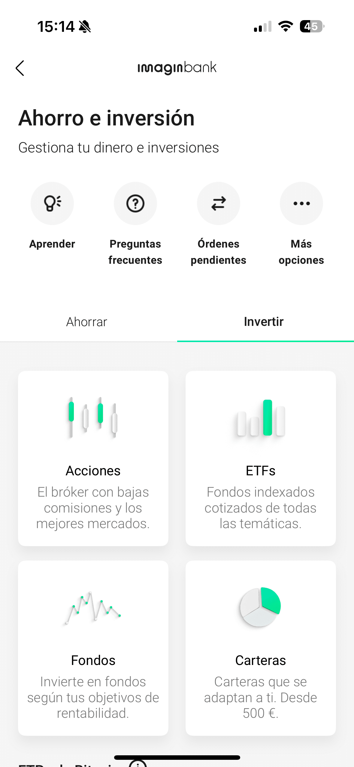 Pestaña de inversión en el broker de imagin